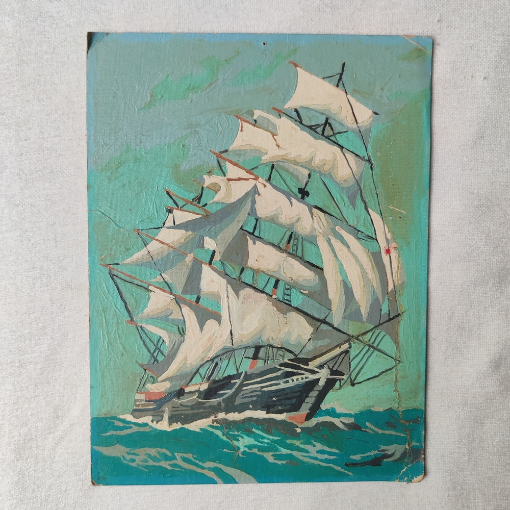 1973 Paint By Numbers PBN Sailing Ship Full Sails 1970s 9x12 Frameable Nautical